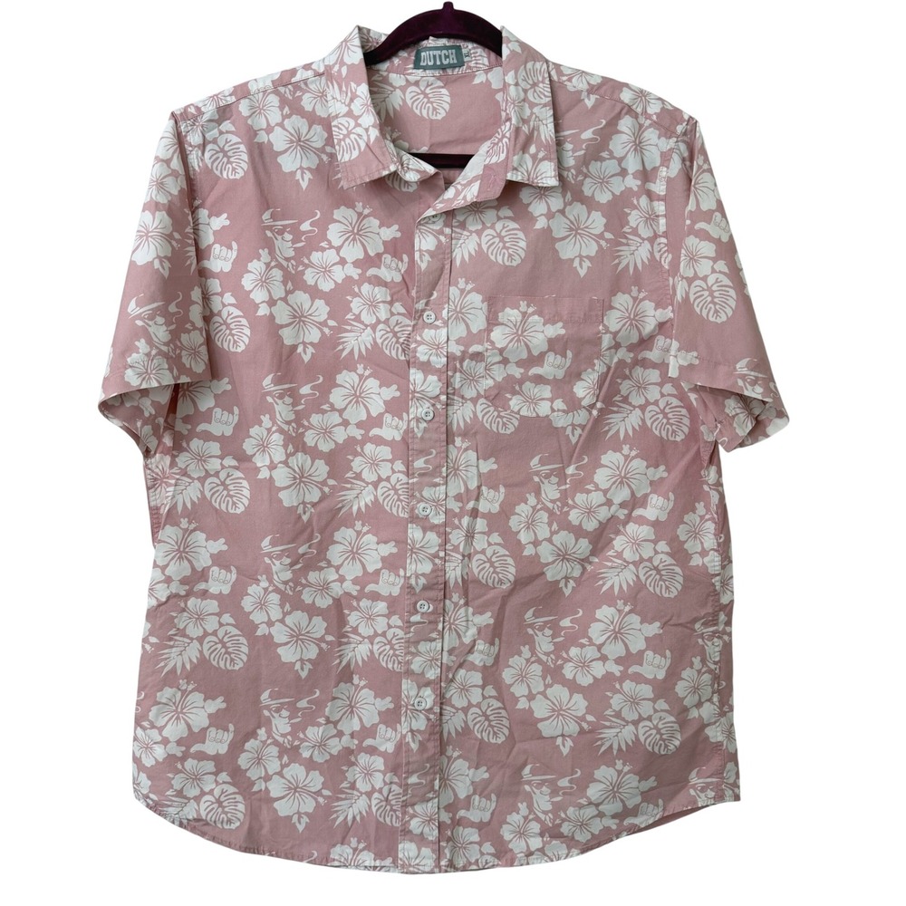 Dutch Mens XL Pink Hibiscus Shaka Graphic Short Sleeve Button Up Hawaiian Shirt
